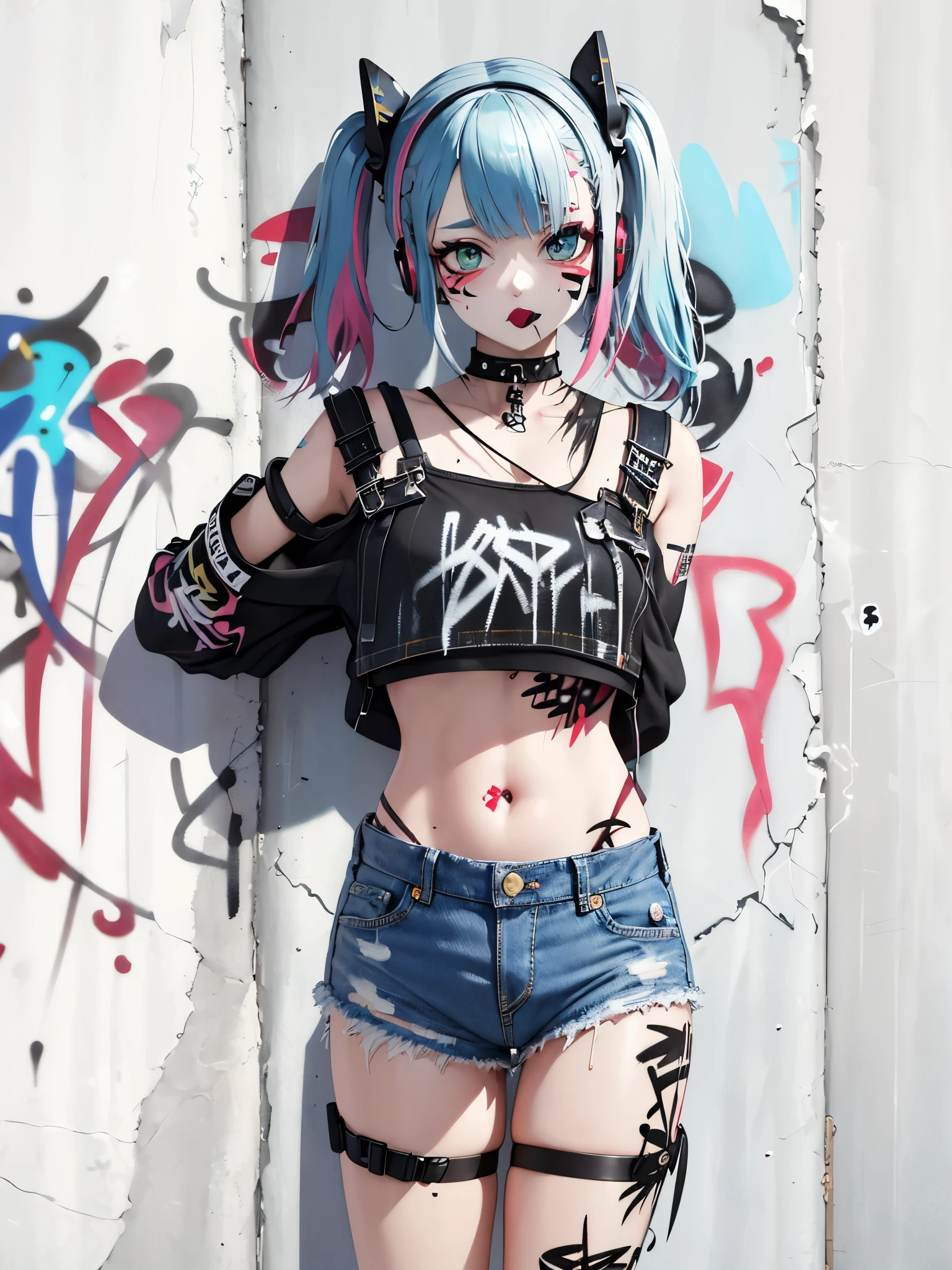 masterpiece, best quality, 1girl, solo, crop top, denim shorts, choker, (graffiti:1.5), paint splatter, arms behind back, against wall, looking at viewer, armband, thigh strap, paint on body, head tilt, bored, multicolored hair, aqua eyes, headset,