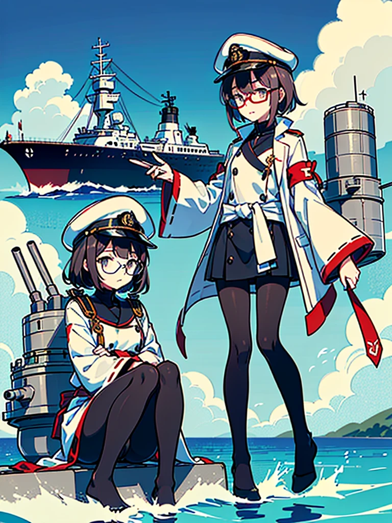 ((((Full body of a woman with perfect flat chest、Short unkempt black hair、white military jacket、Miko costume、tights、Black glasses、White military cap、Cloudy eyes、Sleepy expression)))), (((masterpiece))), (((Shipgirl))), ((Floating on the morning sea with both feet)), (Spread your legs wide open), (Hold the turret with your right hand), (Mechanical arms extending from the waist are used to equip the ship with battleship equipment.), (Equipped with a turret on the back), (Holds the turret with his left arm), Torpedo tubes strapped to thighs, Spreading the Machine's Wings, Machine tail, shotgun,