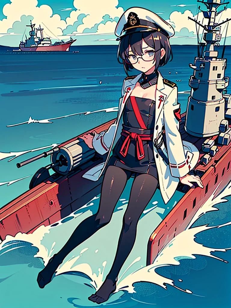 ((((Full body of a woman with perfect flat chest、Short unkempt black hair、white military jacket、Miko costume、tights、Black glasses、White military cap、Cloudy eyes、Sleepy expression)))), (((masterpiece))), (((Shipgirl))), ((Floating on the morning sea with both feet)), (Spread your legs wide open), (Hold the turret with your right hand), (Mechanical arms extending from the waist are used to equip the ship with battleship equipment.), (Equipped with a turret on the back), (Holds the turret with his left arm), Torpedo tubes strapped to thighs, Spreading the Machine's Wings, Machine tail, shotgun,