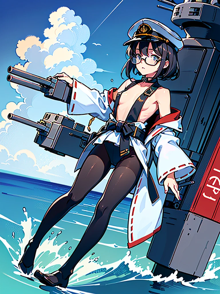 ((((Full body of a woman with perfect flat chest、Short unkempt black hair、white military jacket、Miko costume、tights、Black glasses、White military cap、Cloudy eyes、Sleepy expression)))), (((masterpiece))), (((Shipgirl))), ((Floating on the morning sea with both feet)), (Spread your legs wide open), (Hold the turret with your right hand), (Mechanical arms extending from the waist are used to equip the ship with battleship equipment.), (Equipped with a turret on the back), (Holds the turret with his left arm), Torpedo tubes strapped to thighs, Spreading the Machine's Wings, Machine tail, shotgun,