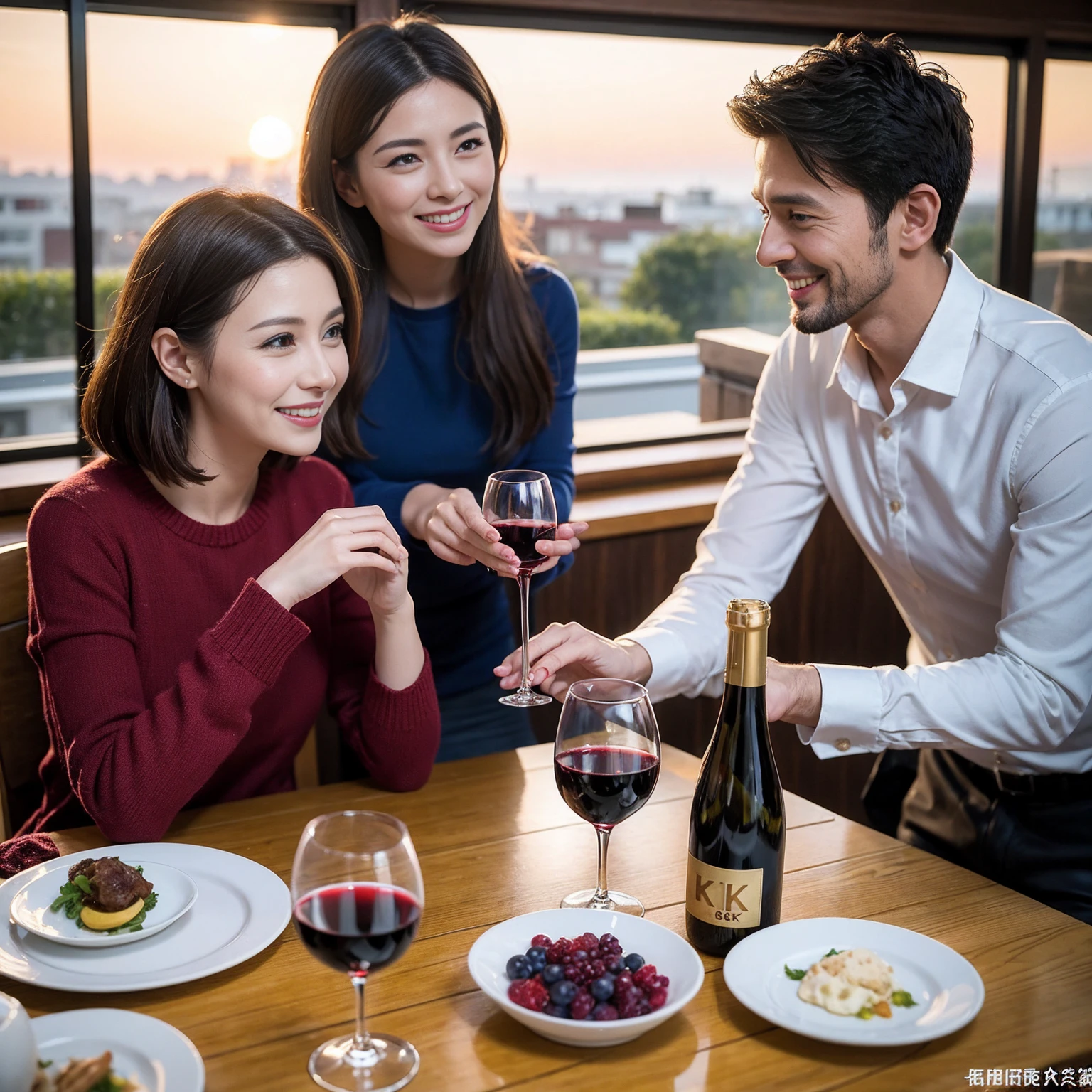 ((Highest quality、8K、masterpiece:1.3))、 (Genuineistic, Genuine、Bright image、Intricate details:1.2), 最高のsmile、1 male 1 female、Beautiful couple、Lovers、fiancee、Good friends、actress couple、smile、A full-course dinner on the table、 (Slim face), (the body is slim), (Brown Hair), (short hair), テーブルのwine glass、Please shine a light on my face、 Amazing view of the sunset sky and clouds、 (42 years old)38 years old, red wine 、Wine bottle、sparkling wine、Long sleeve shirt、Blue clothes、White wine, red wine, wine glass, 