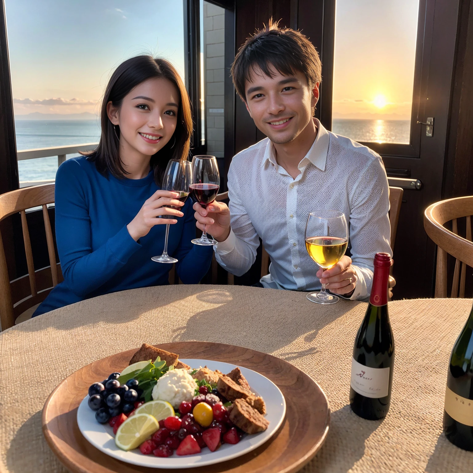 ((Highest quality、、masterpiece:1.3))、1 male、1 female、Satomi Ishihara、Beautiful couple、smile、full-course dinner、 (Slim face), (the body is スリム), (Brown Hair), (Shortcuts), ((Bob Hale、Straight hair:1.2)), テーブルの上のwine glass、Shine light on your face、 Amazing view of the sunset sky and clouds、smileの美しさ、Bright image、Blushing, Shortcuts, (43 years old), 39 years old, Appetizers、Italian food、Wine bottle、Champagne、sparkling wine、Long sleeve shirt、dress、Attractive beauty、restaurant, Nova Frog Style, actress, model, Upper Body, White wine, red wine, wine glass,