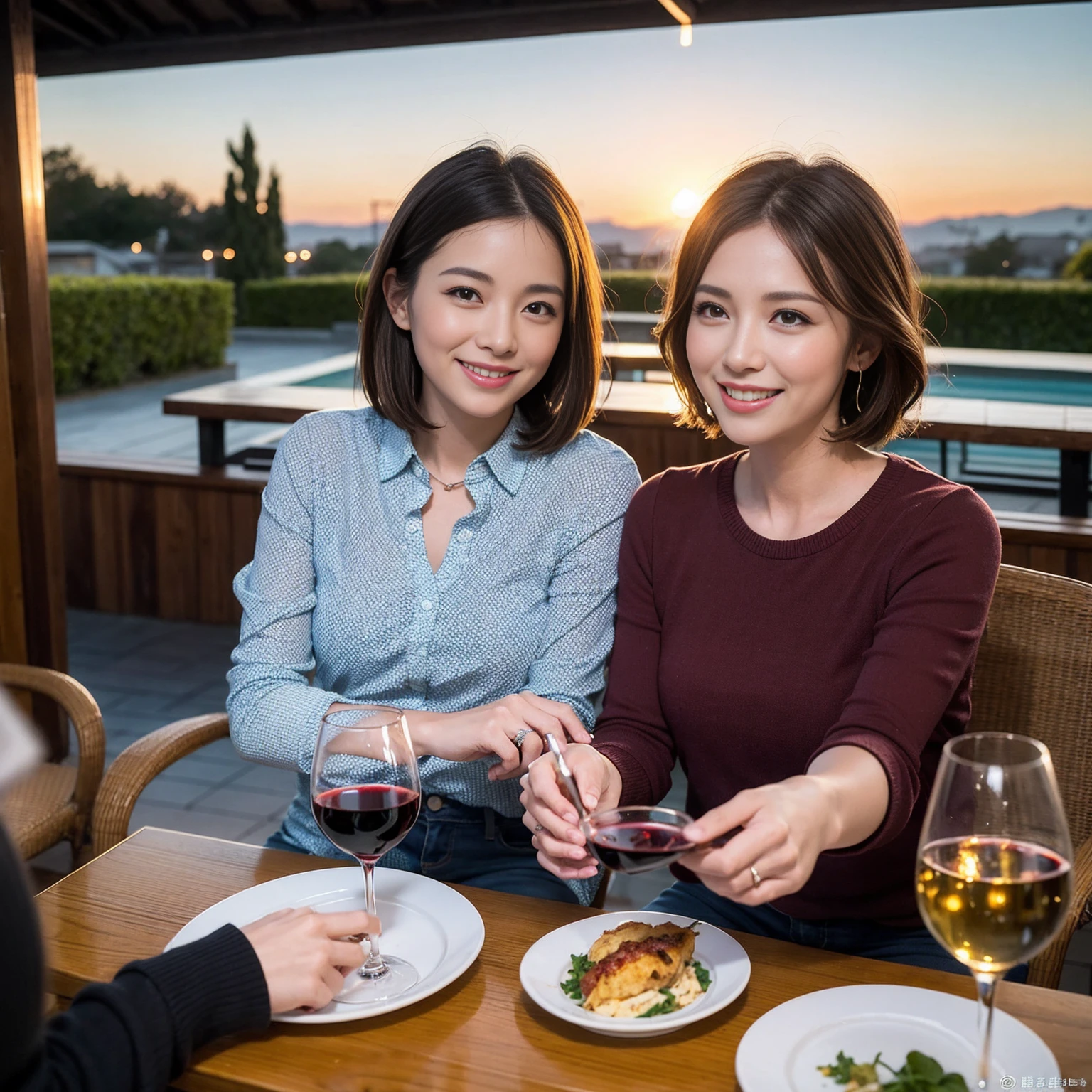((Highest quality、8K、masterpiece:1.3))、 (Genuineistic, Genuine、Bright image、Intricate details:1.2), 最高のsmile、1 male 1 female、Beautiful couple、Lovers、fiancee、Good friends、actress couple、smile、A full-course dinner on the table、 (Slim face), (the body is slim), (Brown Hair), (short hair), テーブルのwine glass、Please shine a light on my face、 Amazing view of the sunset sky and clouds、 (42 years old)38 years old, red wine 、Wine bottle、sparkling wine、Long sleeve shirt、Blue clothes、White wine, red wine, wine glass, 
