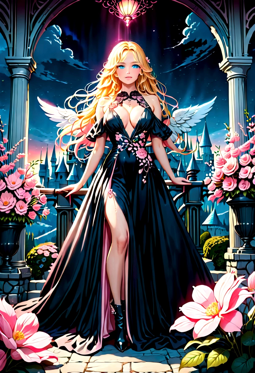 Arafed, a picture of a female angel in high society prom event, divine beautiful feminine angel, (blond hair: 1.4), long hair, flowing hair, the hair glows in a soft light, cerulean eyes, deep light eyes, divine feminine face, she wears a ((pink and black evening dress: 1.5)), elegant, intricate detailed dress, silk dress, small cleavage, ((dress is decorated with pink flowers: 1.4)), she wears elegant knee high heeled boots, exquisite knee high heeled boots, she stands on the porch of a fantasy castle, dynamic angle, soft torch light, (Masterpiece: 1.5), 16k, highres, best quality, high details, ultra detailed, masterpiece, best quality, (extremely detailed), AngelStyle, GlowingRunesAI_paleblue, angel_wings, Angel, flower dress