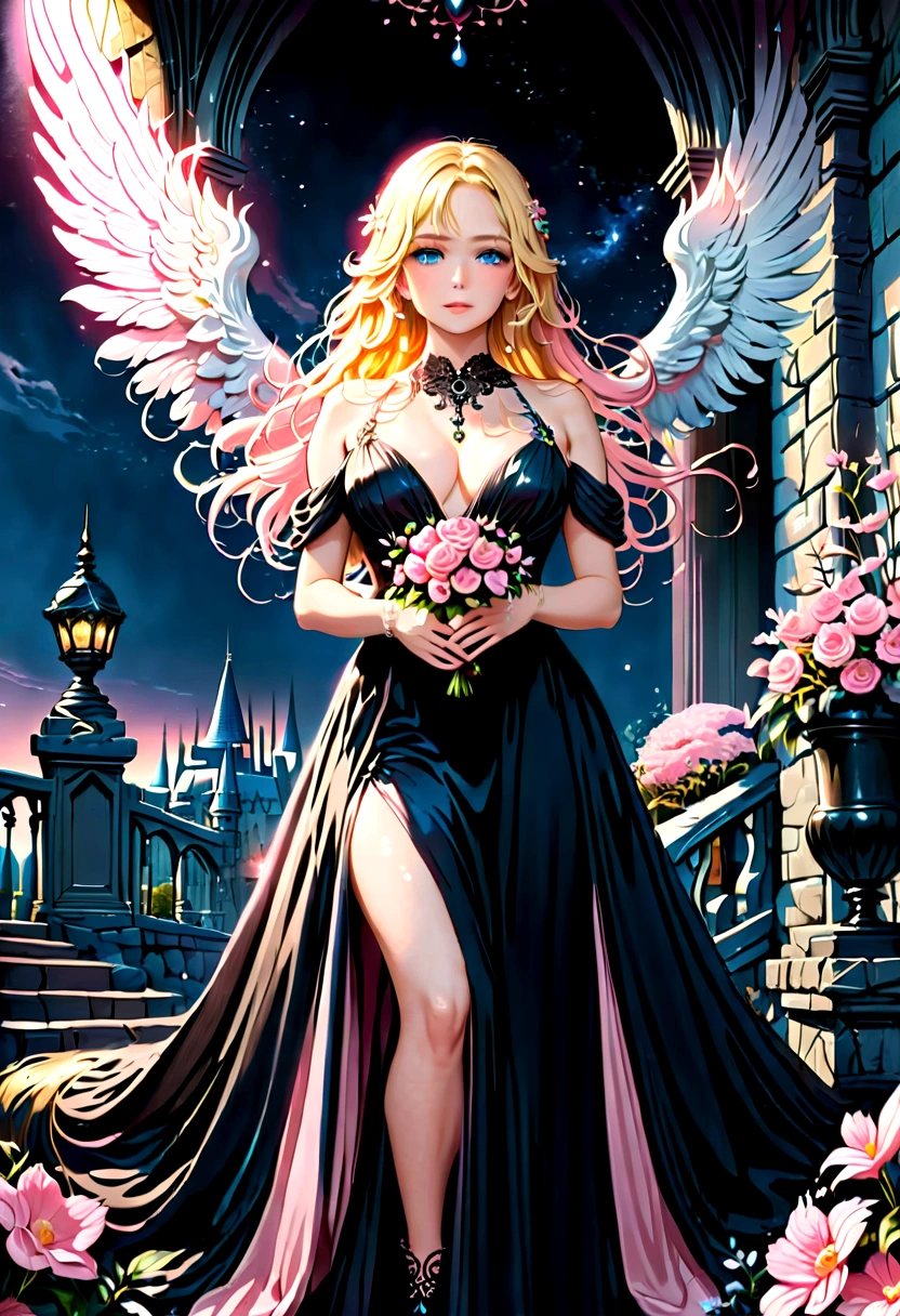 Arafed, a picture of a female angel in high society prom event, divine beautiful feminine angel, (blond hair: 1.4), long hair, flowing hair, the hair glows in a soft light, cerulean eyes, deep light eyes, divine feminine face, she wears a ((pink and black evening dress: 1.5)), elegant, intricate detailed dress, silk dress, small cleavage, ((dress is decorated with pink flowers: 1.4)), she wears elegant knee high heeled boots, exquisite knee high heeled boots, she stands on the porch of a fantasy castle, dynamic angle, soft torch light, (Masterpiece: 1.5), 16k, highres, best quality, high details, ultra detailed, masterpiece, best quality, (extremely detailed), AngelStyle, GlowingRunesAI_paleblue, angel_wings, Angel, flower dress