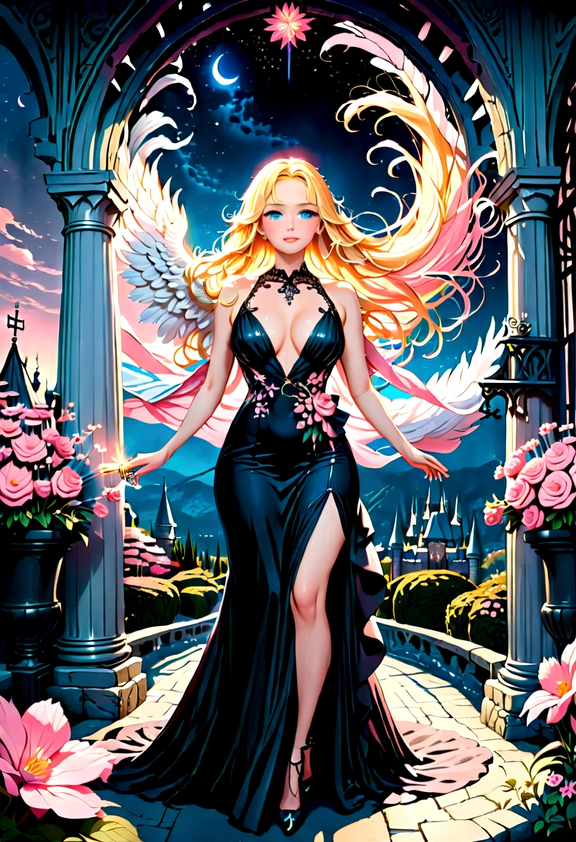 Arafed, a picture of a female angel in high society prom event, divine beautiful feminine angel, (blond hair: 1.4), long hair, flowing hair, the hair glows in a soft light, cerulean eyes, deep light eyes, divine feminine face, she wears a ((pink and black evening dress: 1.5)), elegant, intricate detailed dress, silk dress, small cleavage, ((dress is decorated with pink flowers: 1.4)), she wears elegant knee high heeled boots, exquisite knee high heeled boots, she stands on the porch of a fantasy castle, dynamic angle, soft torch light, (Masterpiece: 1.5), 16k, highres, best quality, high details, ultra detailed, masterpiece, best quality, (extremely detailed), AngelStyle, GlowingRunesAI_paleblue, angel_wings, Angel, flower dress