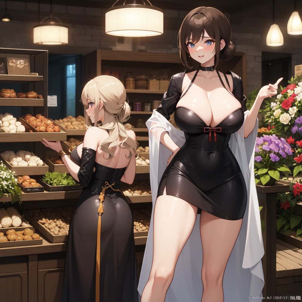 Highest quality、Ultra-high resolution、Fantasy、roleplaying game、A sexy shop assistant in her 30s with light brown chignon hair and huge breasts、Inside the flower shop