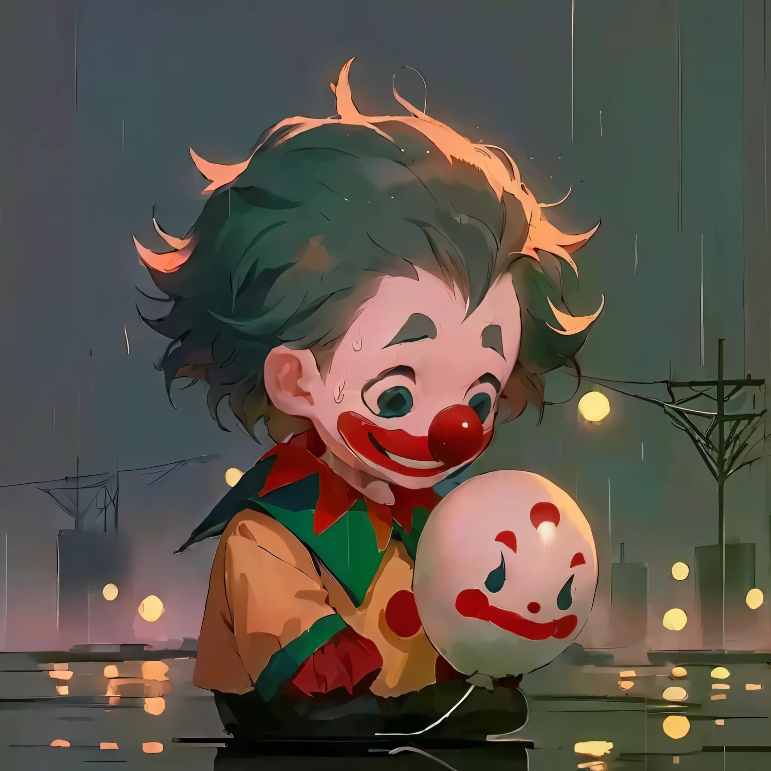 A clown holding a balloon in the rain, cutecore clowncore, from clown (2019), clown looks like naruto, artwork in the style of guweiz, Cute numbers, Pennywise Style, clown smile, Lovely art style, High-quality fanart, author：Yang J, author：Goro Fujita, clown, Ross Chen!!!