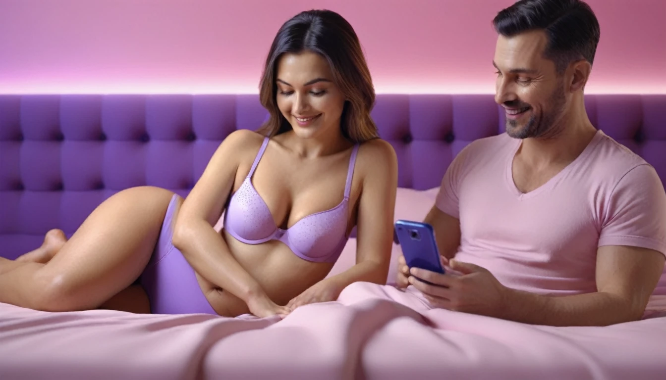 woman wearing bra doing massagman on a bed using, she is watching smartphone, while she doing massage she utphone, smartphone in her hand, sensually, orgasm, mans mouth fgly smiling, liquid drops, skin, minimalistic, in a light purple and pink style, with soft edges and blurred details, with a 3D render, on a colorful background, with a minimalist stage design, in a surreal style, with a cinema4D rendering, with a minimalist style, with low saturation, using gradient colors, with a cinema4D rendering, with a blender rendering, with super detail, at a super high resolution, at a super high definition, 4K