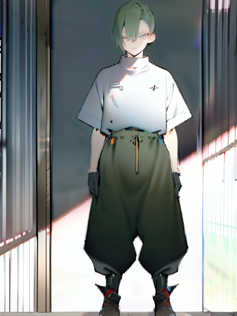 1 male, alone, young,good looking,short hair,Center Part,Green Hair,Looking at the audience,Mouth closed, (Blue eyes),Morning Glow,White short sleeve shirt,Black gloves,Green baggy pants, Black boots,lips, eyelash,from the front, Compensate,Watercolor,Anime Style,masterpiece,Very detailed