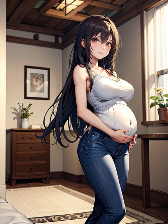 A pregnant woman wearing loose and comfortable maternity clothes stands in a warm and cozy home scene。Tight jeans and high heels are scattered in the corners of the room，Emphasizes the importance of comfort in maternity wear。