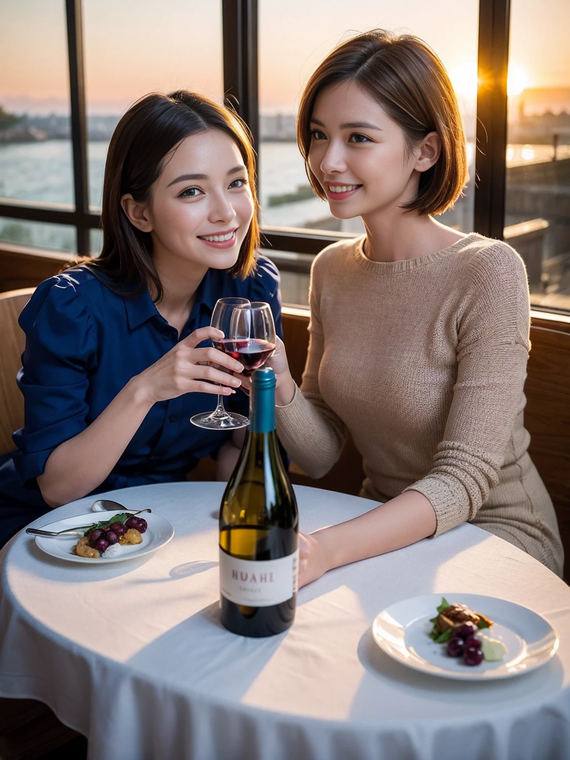 ((Highest quality、8K、masterpiece:1.3))、 (Genuineistic, Genuine、Bright image、Intricate details:1.2), 最高のsmile、1 male 1 female、Beautiful couple、spouse、fiancee、Good friends、actress couple、smile、A full-course dinner with a full table、 (Slim face), (the body is slim), (Brown Hair), (short hair), テーブルのwine glass、Please shine a light on my face、 Amazing view of the sunset sky and clouds、42 years old)38 years old, red wine 、Wine bottle、sparkling wine、Long sleeve shirt、Blue Dress、White wine, red wine, wine glass,