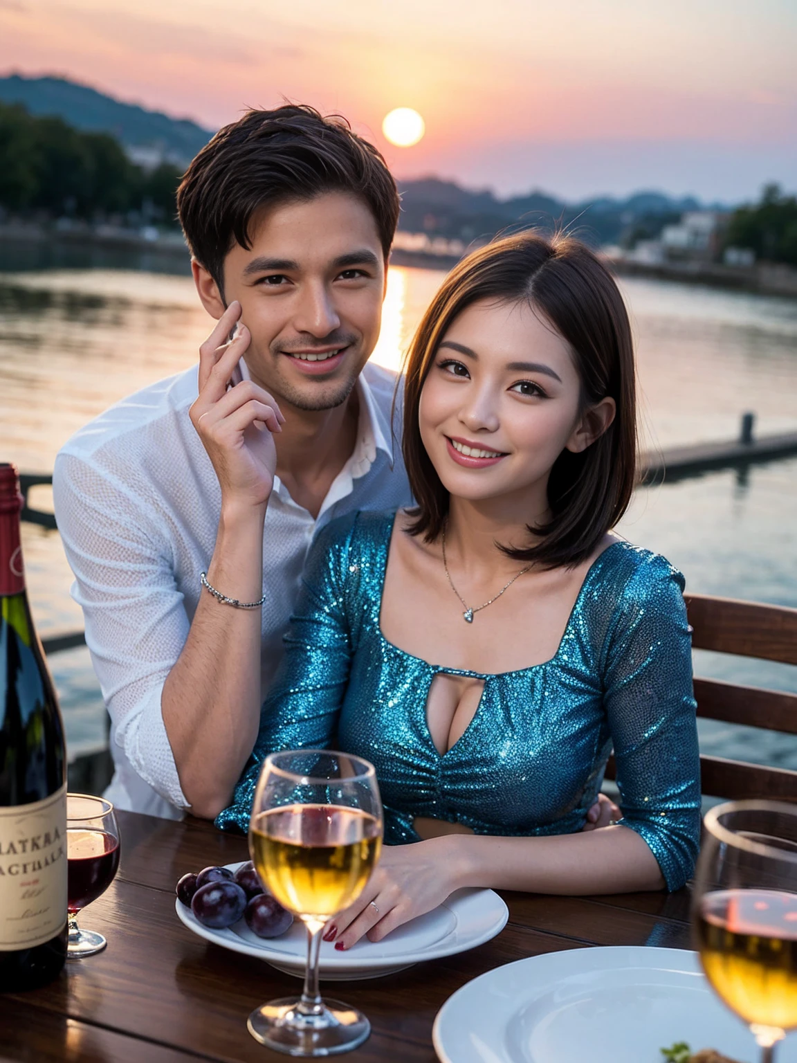 ((Highest quality、8K、masterpiece:1.3))、 (Genuineistic, Genuine、Bright image、Intricate details:1.2), 最高のsmile、1 male 1 female、Beautiful couple、spouse、fiancee、Good friends、actress couple、smile、A full-course dinner with a full table、 (Slim face), (the body is slim), (Brown Hair), (short hair), テーブルのwine glass、Please shine a light on my face、 Amazing view of the sunset sky and clouds、42 years old)38 years old, red wine 、Wine bottle、sparkling wine、Long sleeve shirt、Blue Dress、White wine, red wine, wine glass,