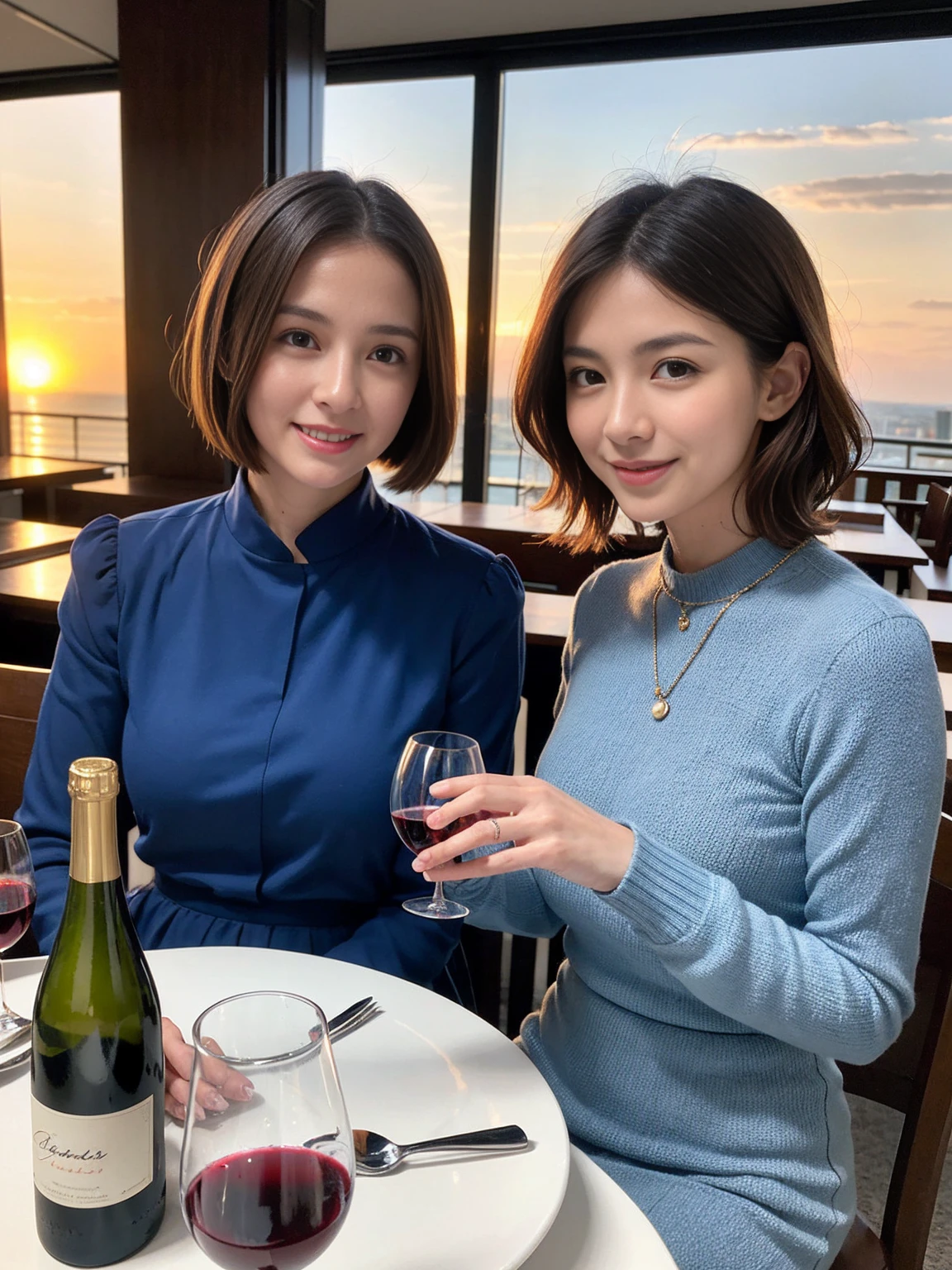 ((Highest quality、8K、masterpiece:1.3))、 (Genuineistic, Genuine、Bright image、Intricate details:1.2), 最高のsmile、1 male 1 female、Beautiful couple、spouse、fiancee、Good friends、actress couple、smile、A full-course dinner with a full table、 (Slim face), (the body is slim), (Brown Hair), (short hair), テーブルのwine glass、Please shine a light on my face、 Amazing view of the sunset sky and clouds、42 years old)38 years old, red wine 、Wine bottle、sparkling wine、Long sleeve shirt、Blue Dress、White wine, red wine, wine glass, 