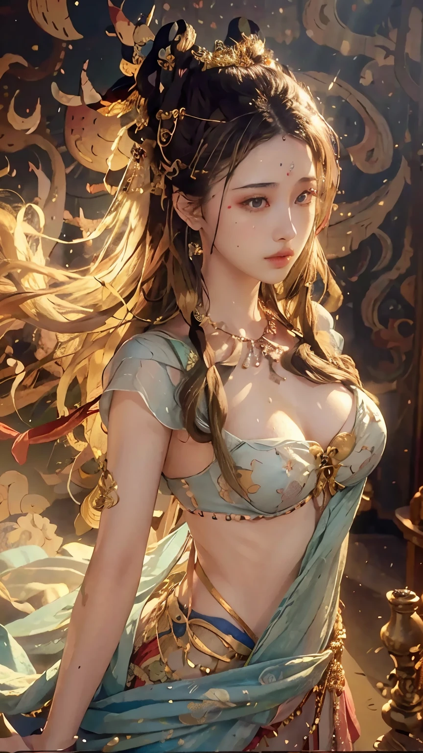 (RAW photo, best quality), (realistic, photo-realistic:1.3),best quality,highly detailed,masterpiece,ultra-detailed,illustration,1girl,upper_body,dynamic angle,world masterpiece theater,messy_long_hair,best quality,extremely detailed CG unity 8k wallpaper,ink,Amazing,cinematic lighting,lens_flare,,dunhuang_style,show tits