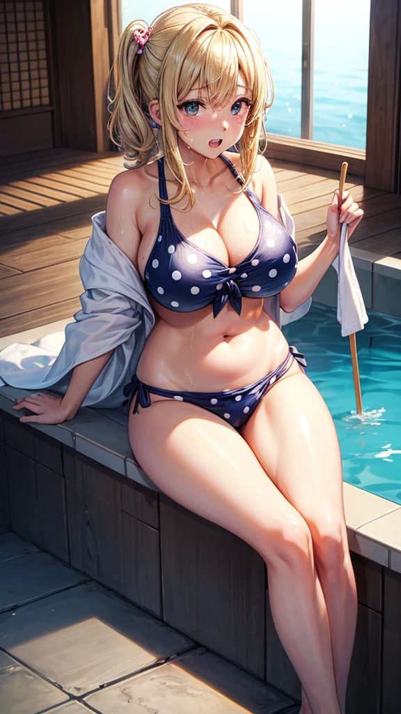 (highest quality)), ((masterpiece)), (family friendly), Perfect Face,Shiny skin,Beautiful breasts,Kyoto Animation style drawing,Shiny skin、hoodie、Sunburned skin、Sweat、Off the shoulder、((Polka dot swimsuit))、Double teeth、Sit on a chair、(((Leg spread)))
、Young、Big Breasts、Embrace、hot spring、dark skin、close、near、Having popsicles、night、Blonde、bath towel、(((Belly button)))