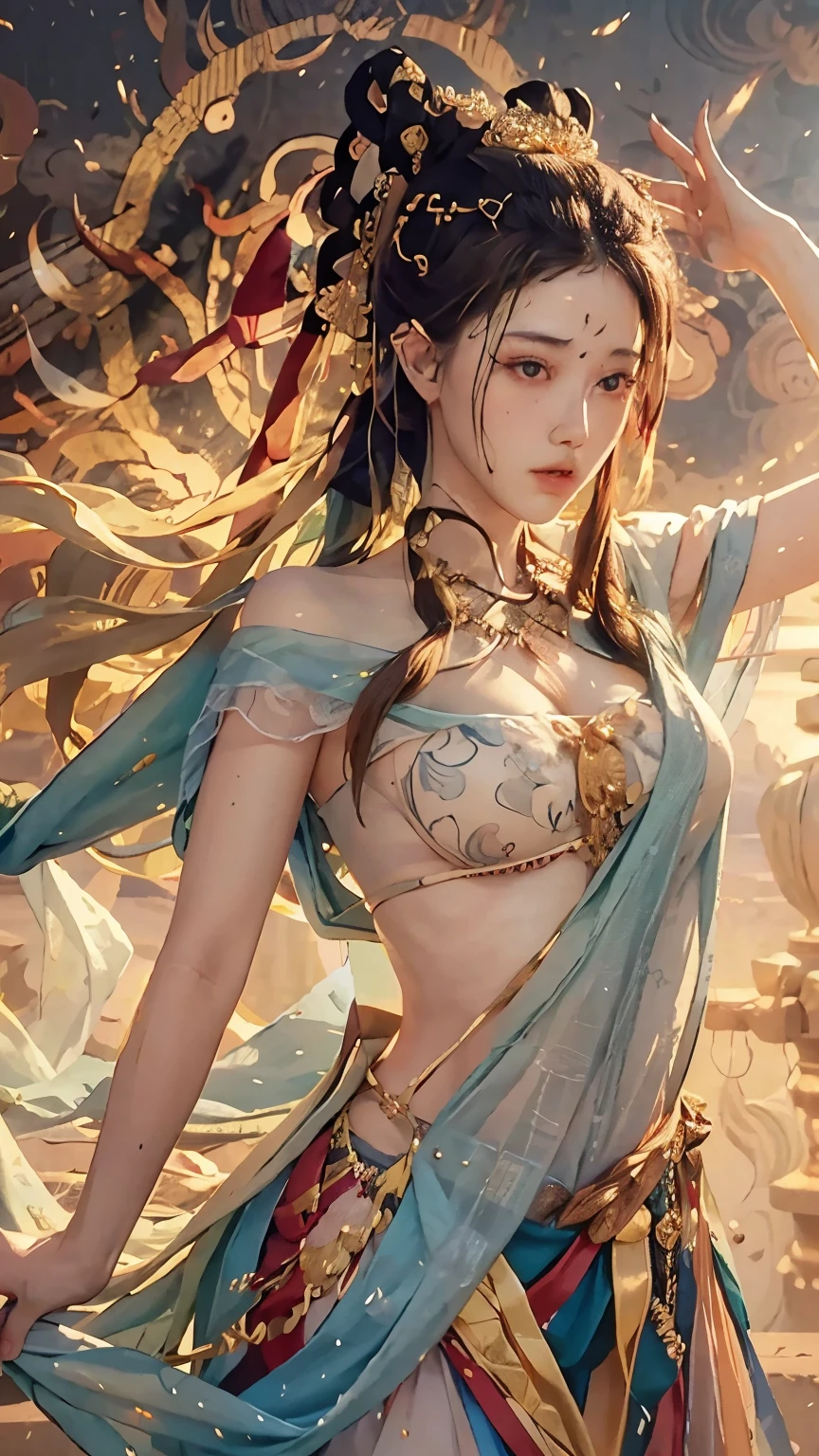 (RAW photo, best quality), (realistic, photo-realistic:1.3),best quality,highly detailed,masterpiece,ultra-detailed,illustration,1girl,upper_body,dynamic angle,world masterpiece theater,messy_long_hair,best quality,extremely detailed CG unity 8k wallpaper,ink,Amazing,cinematic lighting,lens_flare,,dunhuang_style,show tits