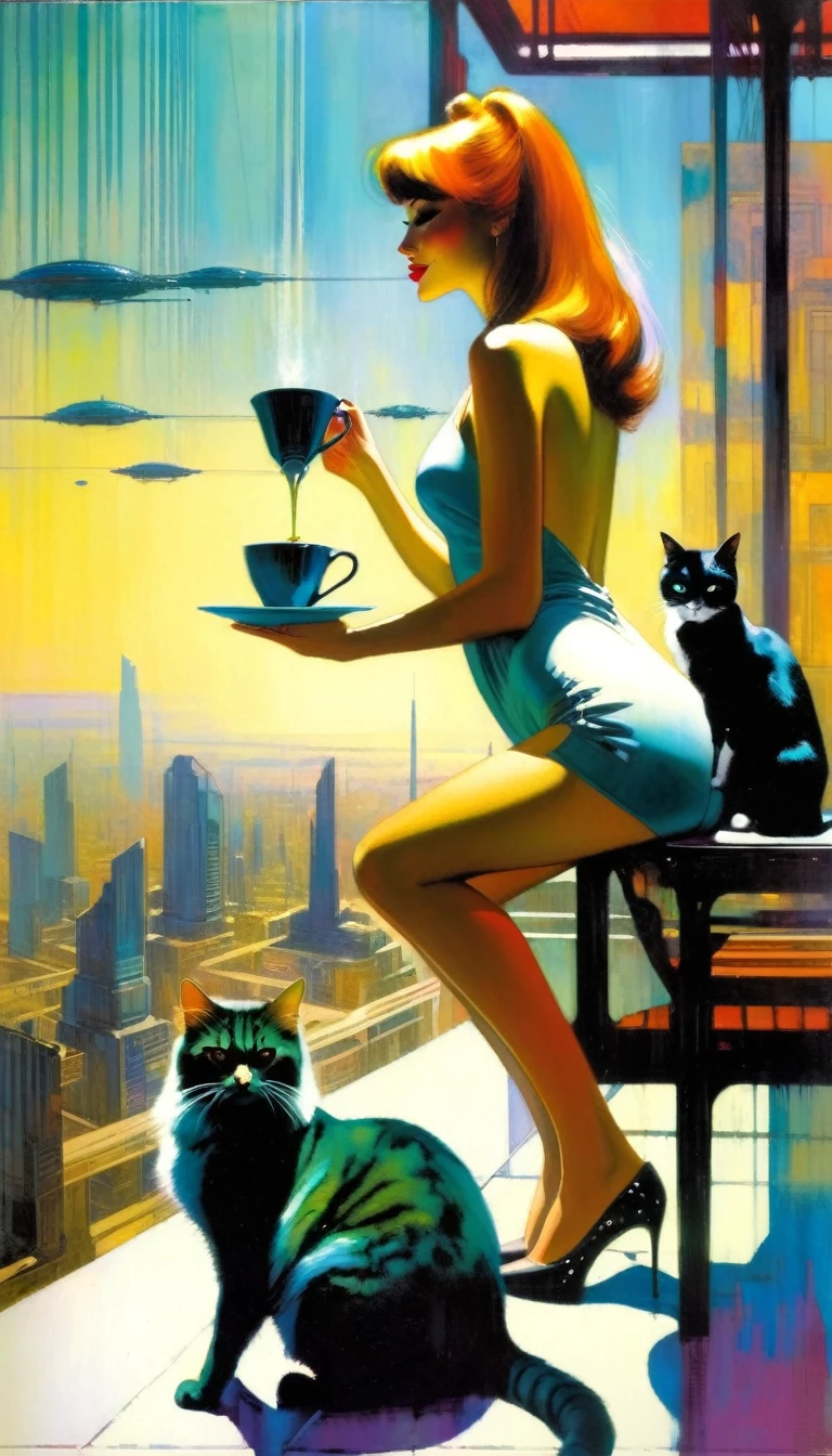 sexy girl and her pet cat, having a coffee, enjoying the views from a large terrace, views of a futuristic city:1.5. (art inspired in Bill Sienkiewicz). oil painting)