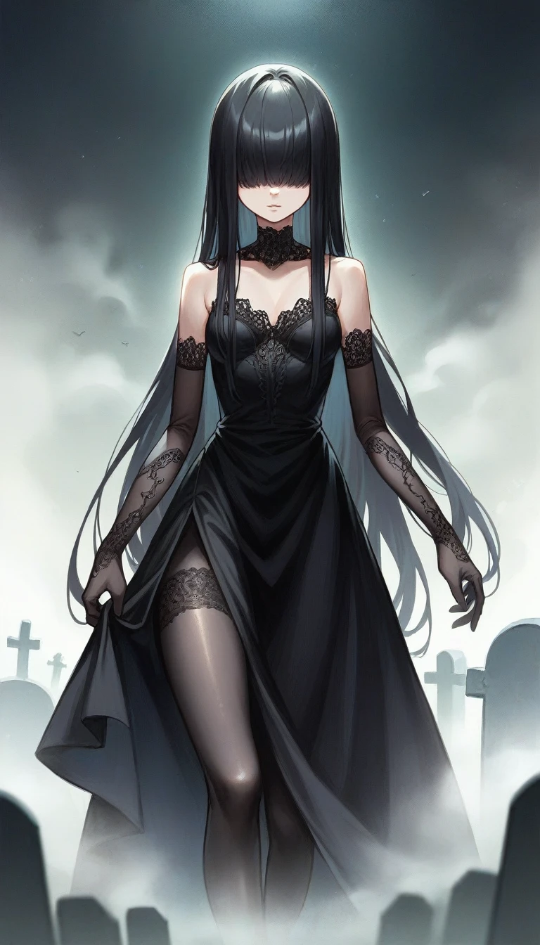 masterpiece, newest, 1 girl, solo, skinny, elegant short gothic dress, fine lace fabric detail, lace pantyhose, lace elbow gloves, black hair, hair over eyes, long hair, cemetery, pantyhose, shiny skin, simple background, dark background, at night, fog