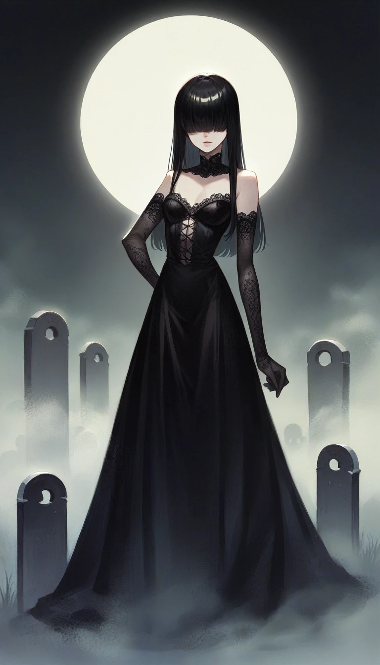 masterpiece, newest, 1 girl, solo, skinny, elegant short gothic dress, fine lace fabric detail, lace pantyhose, lace elbow gloves, black hair, hair over eyes, long hair, cemetery, pantyhose, shiny skin, simple background, dark background, at night, fog