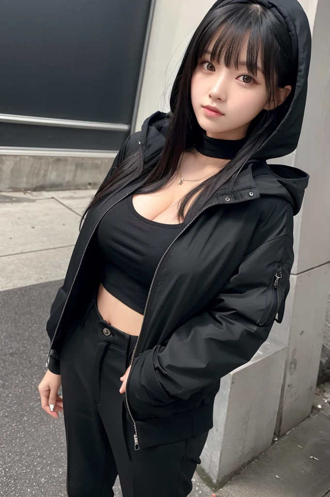 1990s, (masterpiece), high-definition, detailed face, cute korean girl, thick body, (big tits: 1.4) big hips, round ass, (black hair with dark purple highlights: 1.4), (tight grey t-shirt: 1.4), (black jacket: 1.4), (purple tight skirt: 1.3), belt, (black thong: 1.2), thigh high stockings, boots, fishnet, pin-up pose, balcony