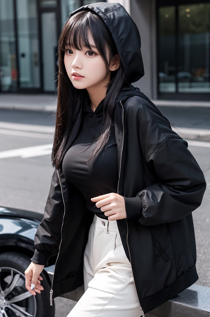 A girl with long black hair wearing a long black jacket with a hood Black trousers Black Shirt tall Slightly larger breasts With bangs Thin legs