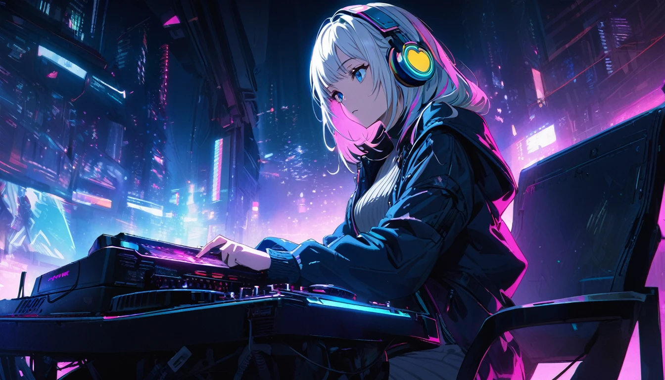 Handsome cute, Solitary, 1 female, Medium Length Hair, white hair, Rainbow hair, blue Eyes, Rainbow headphone, knit dress, Futuristic, Cyberpunk, Cybernetics panoramic, in the night, looking away, Sitting, Dj,