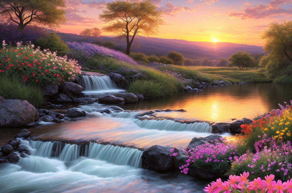 , water,sunset,Flowers,(Highly detailed CG unit 8K wallpaper), The most beautiful works of art in the world, Professional majestic oil painting, Complex, High detail, Sharp focus, dramatic, The art of photorealism painting,