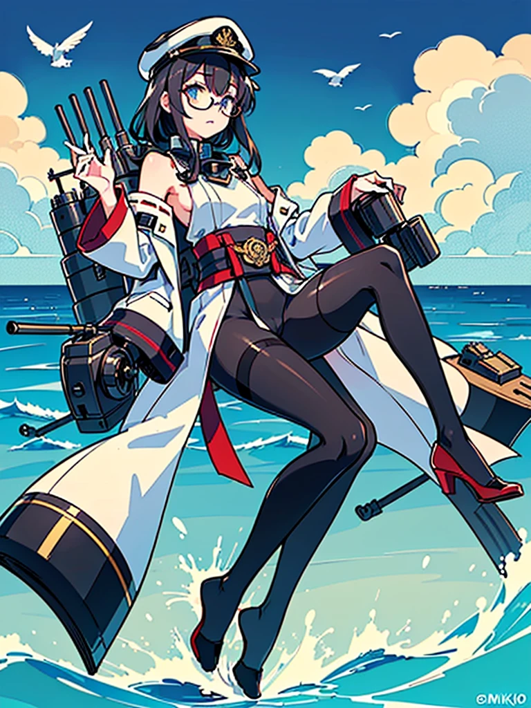 ((((Full body of a woman with perfect flat chest、Short unkempt black hair、white military jacket、Miko costume、tights、Black glasses、White military cap、Cloudy eyes、Sleepy expression)))), (((masterpiece))), (((Shipgirl))), ((Floating on the morning sea with both feet)), (Spread your legs wide open), (Hold the turret with your right hand), (Mechanical arms extending from the waist are used to equip the ship with battleship equipment.), (Equipped with a turret on the back), (Holds the turret with his left arm), Torpedo tubes strapped to thighs, Spreading the Machine's Wings, Machine tail, shotgun,