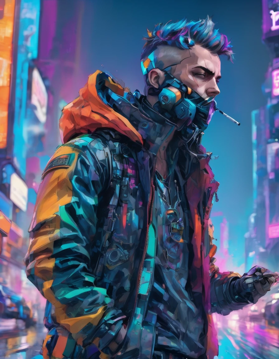 a detailed cypunk badass man , leaning against the wall pose on a futuristic street beside a traffic light , ((holding a smoke)) with a vibrant color , high clarification , refined quality , high definition , super fine detailed ,clear details in 32k resolution