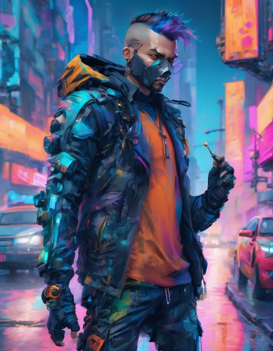 a detailed cypunk badass man , leaning against the wall pose on a futuristic street beside a traffic light , ((holding a smoke)) with a vibrant color , high clarification , refined quality , high definition , super fine detailed ,clear details in 32k resolution