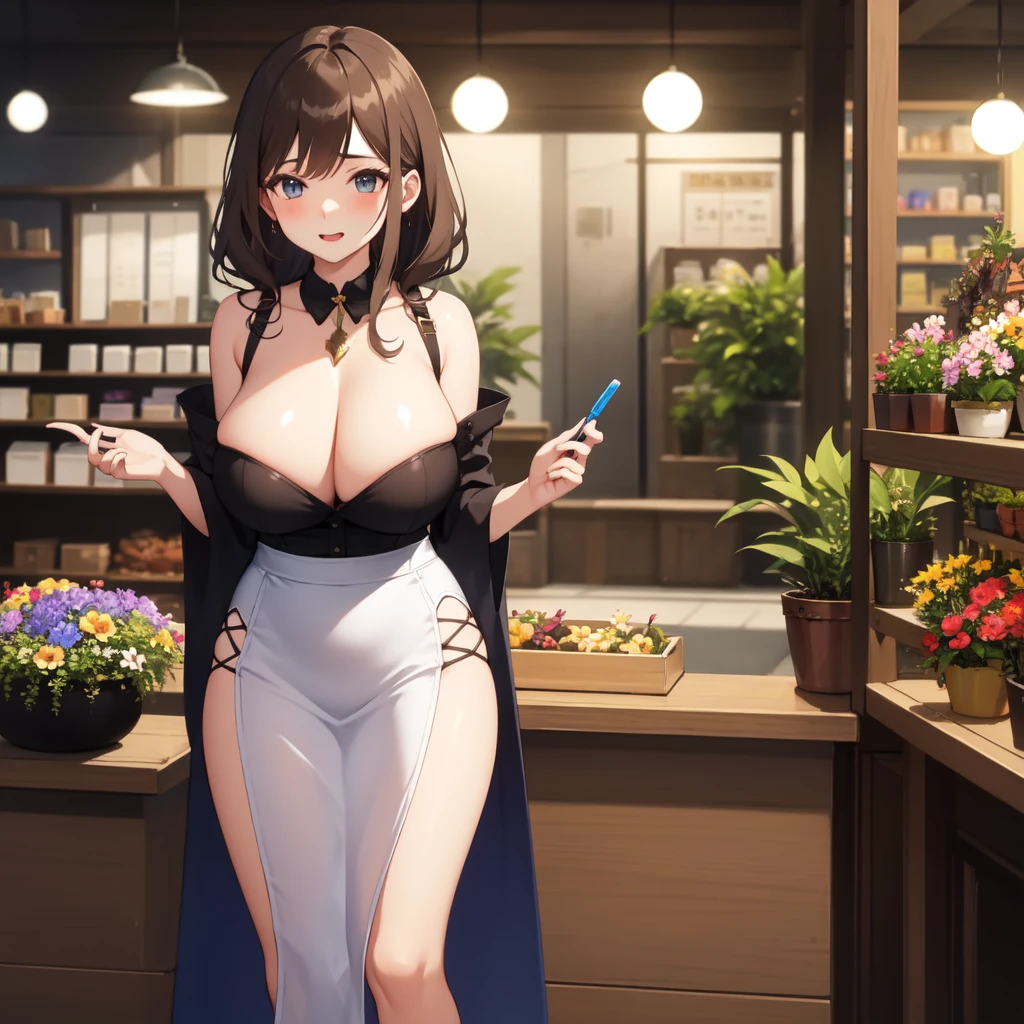 Highest quality、Ultra-high resolution、Fantasy、roleplaying game、A sexy shop assistant in her 30s with light brown chignon hair and huge breasts、Inside the flower shop