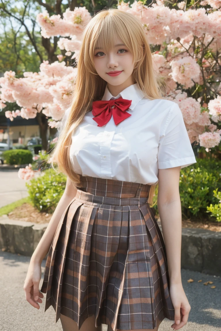 best quality, tmasterpiece,Ultra-high resolution,Clear face,(Reality:1.4),ferpect lighting,(upper body shot:1.5), (photorealistic:1.50), anime wallpaper, Guviz style artwork, cover-up fantasy up to magic , by Yang J, Guviz, beautiful artwork illustration, beautiful digital artwork, beautiful digital illustration, Li Song, beautiful anime portrait, art style in Beauvot, 1girl,独奏,thanks, long hair, red bowtie, white shirt, short sleeves, plaid skirt, brown skirt, pantyhose, standing, cowboy shot, leaning forward, arms behind back, outdoors, cherry blossoms, smile, open mouth, blonde hair,