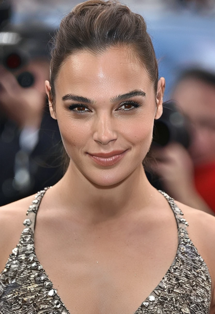  high quality  Erotic paparazzi photograph  of GalGadot as Hailee Steinfeld (hail33 woman, long brown hair, long brown hair pulled back, hair bun ) , 45 yo woman, shiny and glowy skin, sensual shiny skin, big , on beach, vacation  , random angle walking, sexualized figure , randomly taken photograph ,tight sexualized blouse , random erotic photograph , she is wearing a sweaty t shirt, warm environment , bright sun,  tired woman , fit tall muscular woman  ( extremely detailed face, insanely detailed skin texture, hyper detailed features )