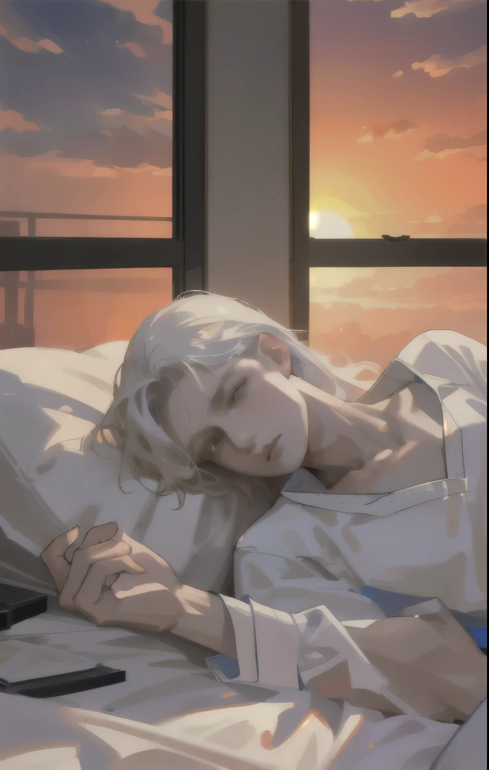 ((best quality)), ((masterpiece)), (detailed), A man lying in a hospital bed，Pale complexion，The brilliant sunset outside the window