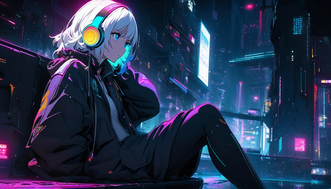 Handsome cute, Solitary, 1 female, Medium Length Hair, white hair, Rainbow hair, blue Eyes, Rainbow headphone, knit dress, Futuristic, Cyberpunk, Cybernetics panoramic, in the night, looking away, Sitting, Dj