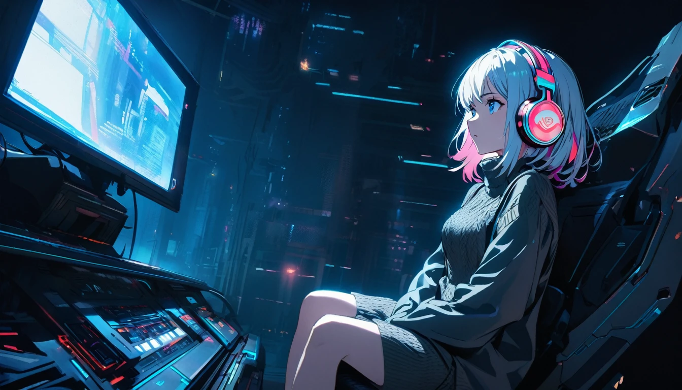 Handsome cute, Solitary, 1 female, Medium Length Hair, white hair, Rainbow hair, blue Eyes, Rainbow headphone, knit dress, Futuristic, Cyberpunk, Cybernetics panoramic, in the night, looking away, Sitting, Dj