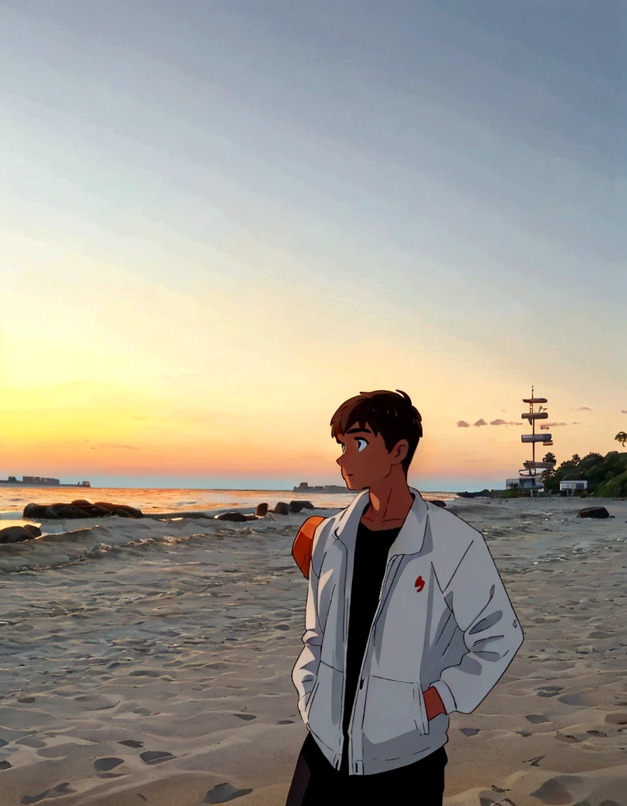 a white man standing on a beach with a sunset in the background, with sunset, with a sunset, at beach at sunset, at a beautiful sunset, on the beach during sunset, during sunset, during golden hour, in the sunset, standing at the beach, at the beach on a sunset, sunset in background, standing on the beach at sunset