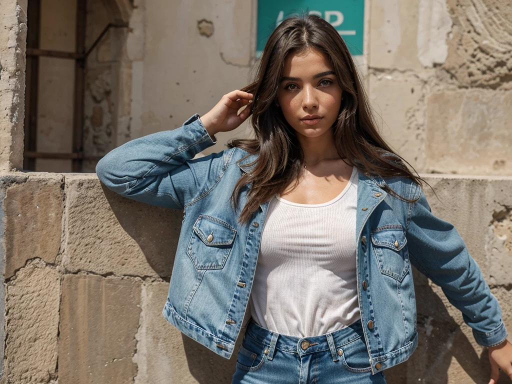 ragazza latina di 25 anni circa prosperosa, pelle abbronzata, occhi verdi, capelli lunghi, veste top bianco scollato e jeans aderenti