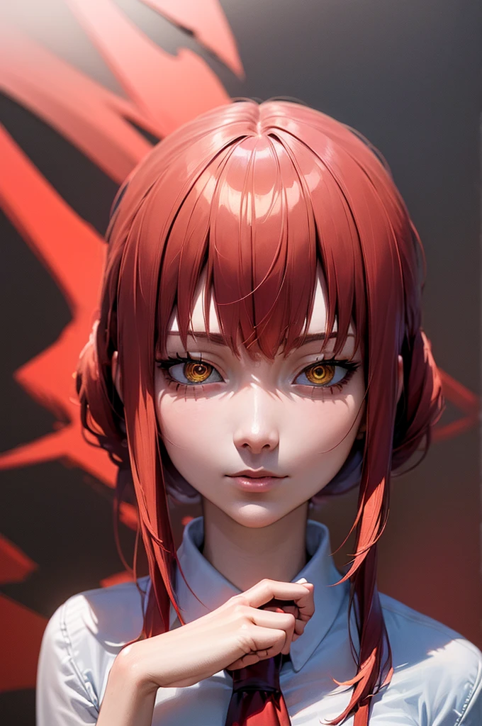 masterpiece, best quality, crossed fingers, (extremely detailed CG unity 8k wallpaper, masterpiece, best quality, ultra-detailed, best shadow), (detailed background), (beautiful detailed face, beautiful detailed eyes), High contrast,1girl, close up of a woman, anime girl with red hair and a white shirt and tie, pixiv, female anime character, detailed portrait of anime girl, anime character, realistic anime artstyle, anime girl portrait, crossed fingers, upper body, office suite, anime girl portrait, bangs