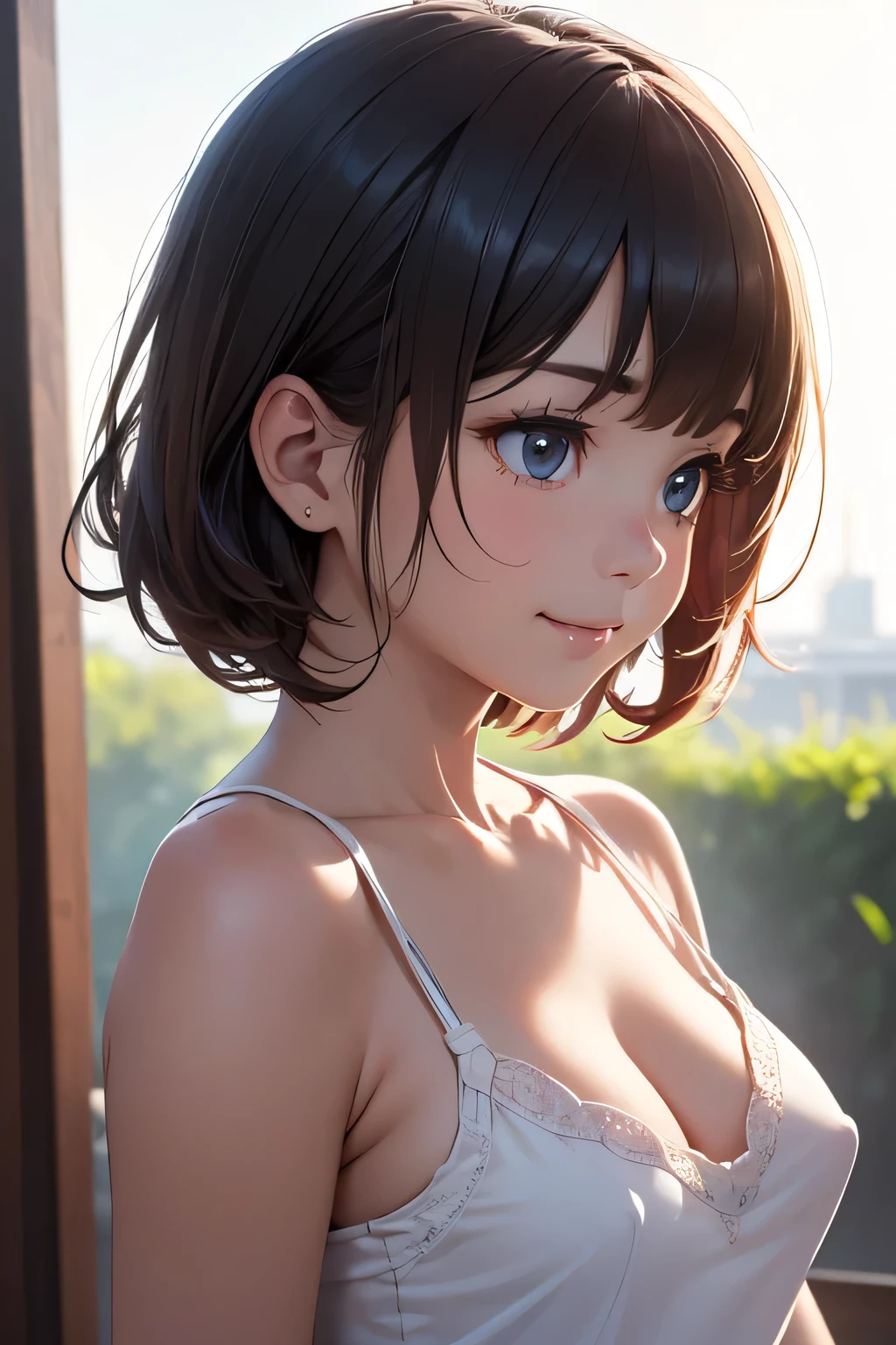 (masterpiece, Face Focus, profile: 1.3),(8K, Raw photo, Best image quality: 1.4), gravure, splendid and colorful, 8  cute petit lit loli:ll cleavage of the tiny breasts:1.2), Super detailed cute face, Perfect eyes for observing every detail, Big eyes with anime eyelashes, double eyelid, Sharp focus:1.2, Cute Toddler:1.4, Highest quality, Super A High Resolution, (Realistic: 1.4), Highly detailed and professional lighting brings a big smile to your face, break, Loose and light weight white camisole, Shoulders out, Nipples high beams, Natural look, Medium Hair, Deadly position, Gorgeous Background