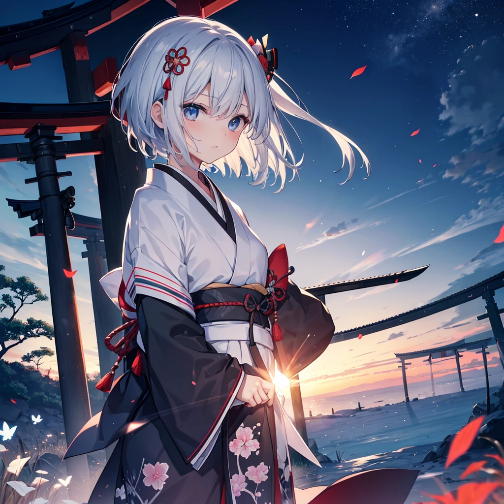 (((1 person))) ((High resolution Gray Hair short hair Black kimono Shoulder knifeを構える)) ((Black Band samurai Lonely despair blue eyes)) ((Blue Butterfly night Japanese style old Shining Aura garden shrine torii Catch the wind)) (dance 日本knife knife Slashing) moonlight star Draw your sword Shining Background Shining Edge