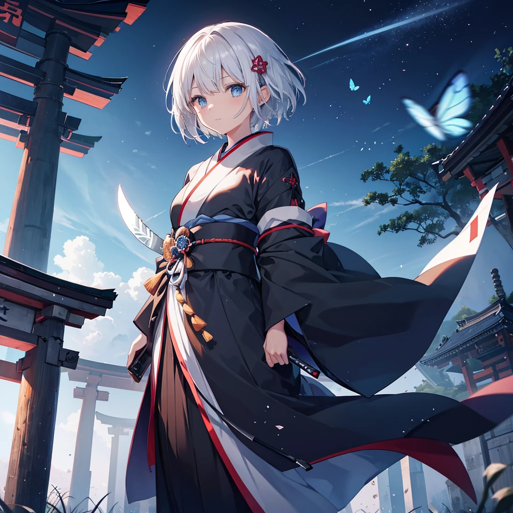 (((1 person)))　((High resolution　Gray Hair　short hair　Black kimono　Shoulder　knifeを構える))　((Black Band　samurai　Lonely　despair　blue eyes))　((Blue Butterfly　night　Japanese style　old　Shining Aura　garden　shrine　torii　Catch the wind))　(dance　日本knife　knife　Slashing)　moonlight　star　Draw your sword　Shining Background　Shining Edge