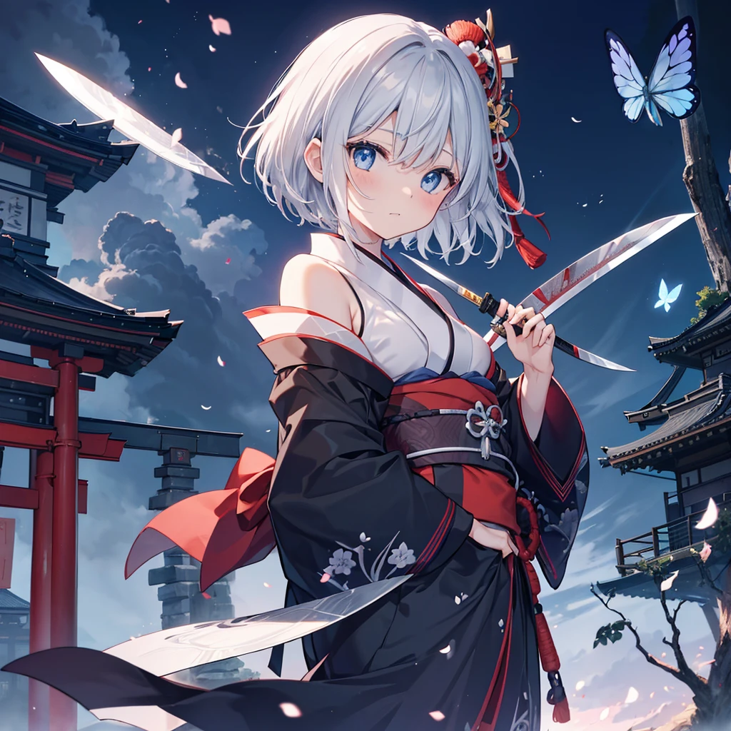 (((1 person)))　((High resolution　Gray Hair　short hair　Black kimono　Shoulder　knifeを構える))　((Black Band　samurai　Lonely　despair　blue eyes))　((Blue Butterfly　night　Japanese style　old　Shining Aura　garden　shrine　torii　Catch the wind))　(dance　日本knife　knife　Slashing)　moonlight　star　Draw your sword　Shining Background　Shining Edge
