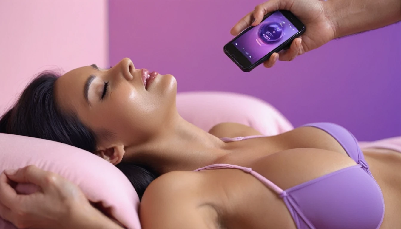 woman wearing bra doing erotic massage to a man on a bed using, she is watching smartphone, while she doing massage she use smartphone, smartphone in her hand, sensually, orgasm, mans mouth flirtingly smiling, liquid drops, skin, closeup, clear faces, macro shoots, minimalistic, in a light purple and pink style, with soft edges and blurred details, with a 3D render, on a colorful background, with a minimalist stage design, in a surreal style, with a cinema4D rendering, with a minimalist style, with low saturation, using gradient colors, with a cinema4D rendering, with a blender rendering, with super detail, at a super high resolution, at a super high definition, 4K
