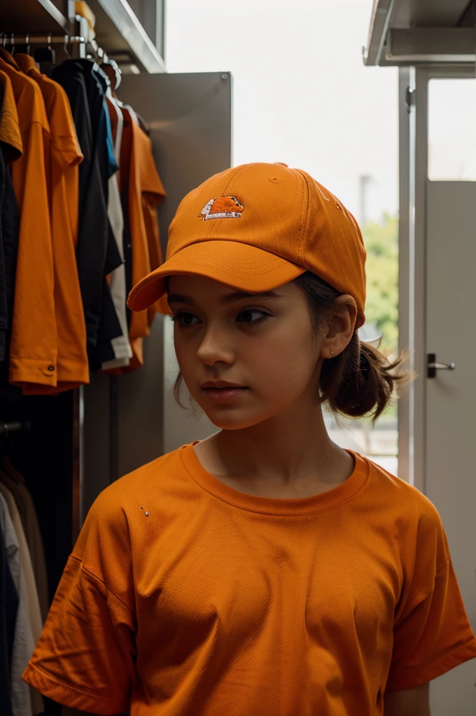 A small wears orange clothes and wears an orange hat facing backwards