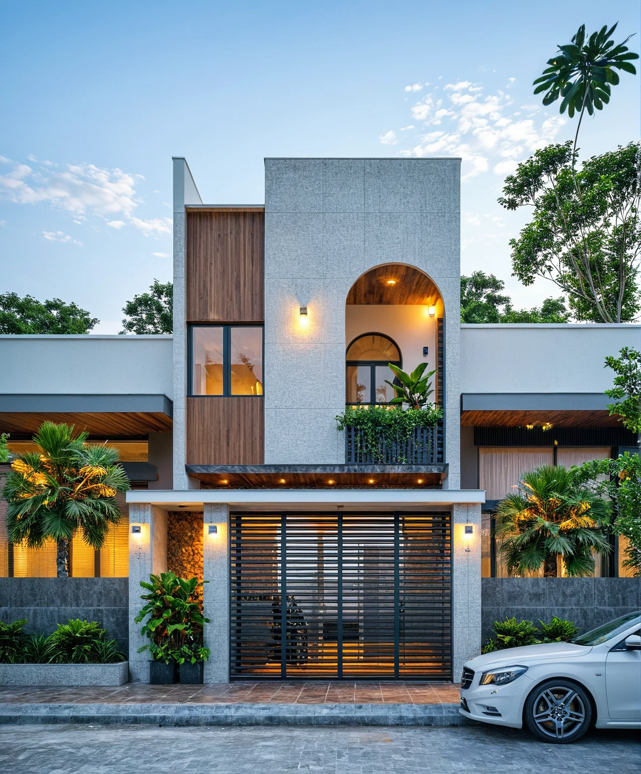 Masterpiece, high quality, best quality, authentic, super detailed, outdoor, aiaigroup, modern townhouse style, stairs, white wall combined with wood, wind encaustic tiles, iron gate, conwood ceiling, flowers, path, summer evening, grass, trees, sky, clouds, (daylight: 1.1)