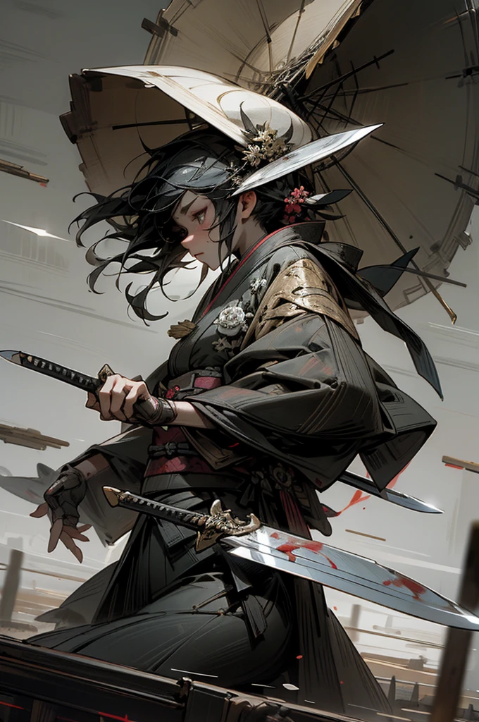 masterpiece,best quality,super fine illustration,super detailed,beautiful background,perfect face,perfect hands,dynamic angle,Ink painting style,
Break Kimono,knife,sheath,Break Rain,battlefield,Break the ruined land. You're fighting an enemy.,Grim face,