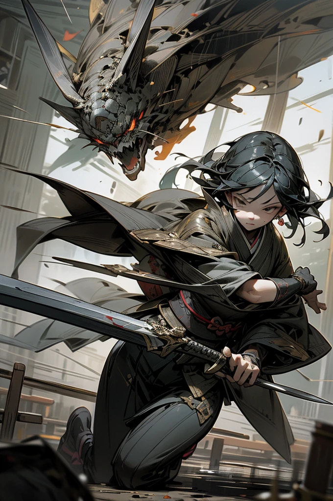 masterpiece,best quality,super fine illustration,super detailed,beautiful background,perfect face,perfect hands,dynamic angle,Ink painting style,
Break Kimono,knife,sheath,Break Rain,battlefield,Break the ruined land. You're fighting an enemy.,Grim face,