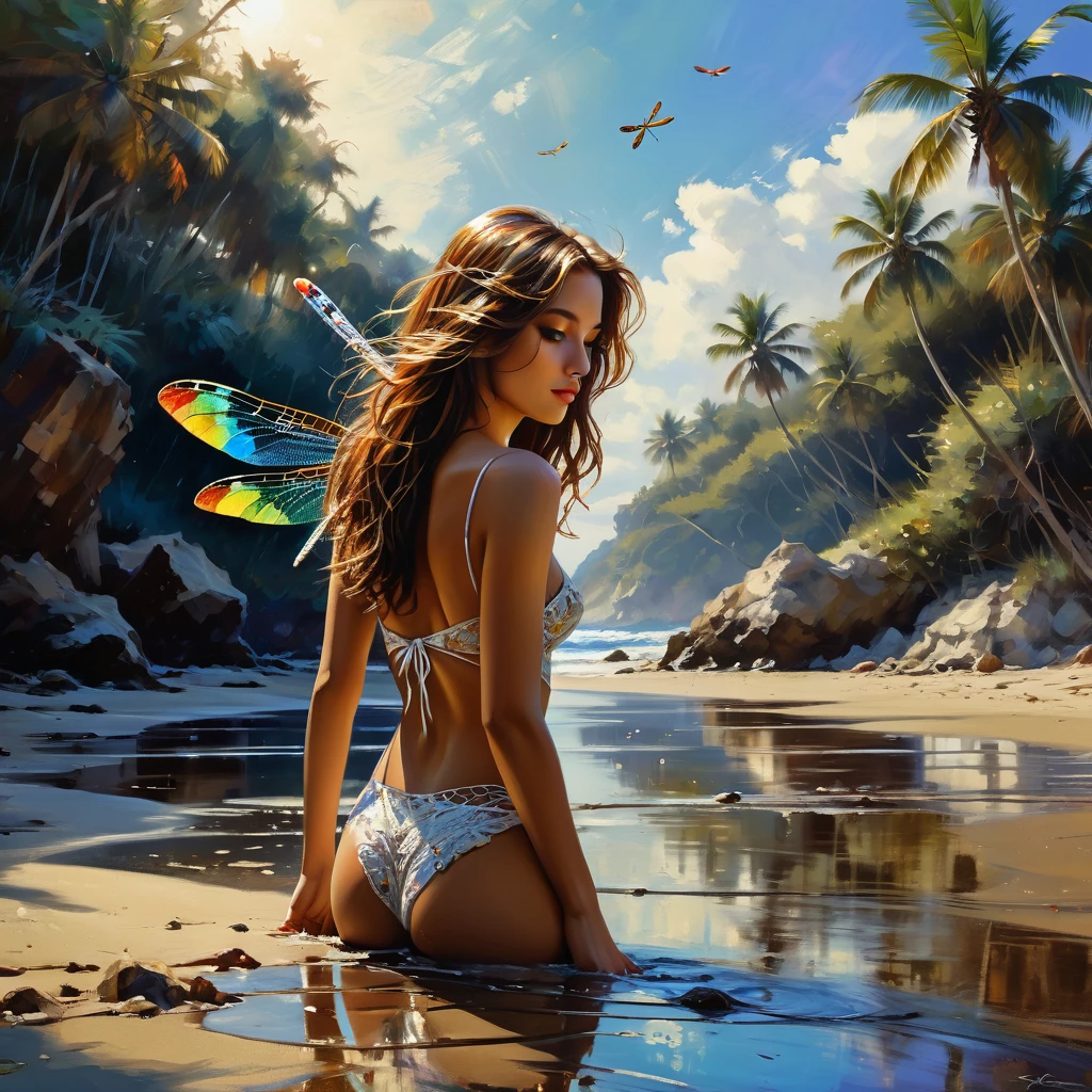 Beautiful girl alone on the beach of memories , Colorful dragonfly, long messy brown hair with white highlights  , magnificent composition of darkness, visually stunning, lots of crafts, aesthetic artworks in 8k HDR, professional style digital oil painting with deep breathing, ink spirit, professional artistic style oil painting art, intricate hyperrealistic fantasy, Multilayer technologies, splash style, masterpiece detail, meticulously handcrafted, 8k infinity aesthetic stylized with insanely random details illustration art,Powder Frank Frezetta, Intricate art style charming Michael Garmash, Ivan Shiskin, in linen